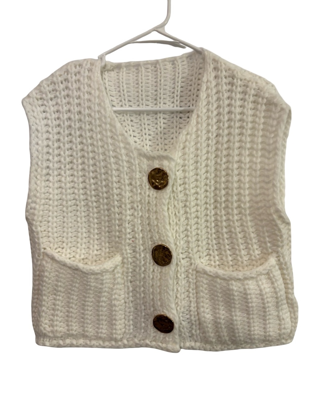 Cream White Chunky Old Money Knit Button-Front Cropped Sweater Vest XS